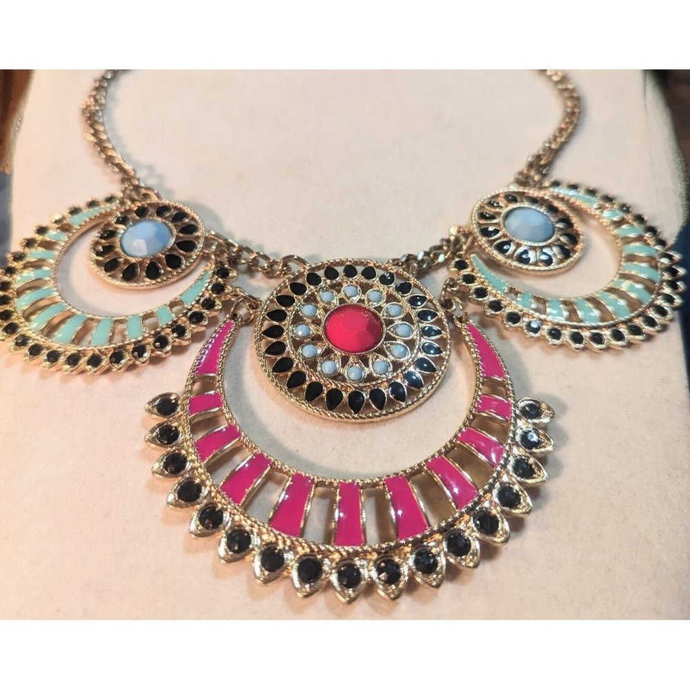 Statement Pink and Turquoise Enamel Crescent Necklace